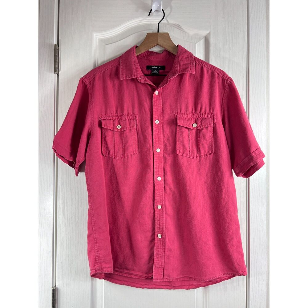 Claiborne Men's Linen Blend Short Sleeve Button Up Shirt Red Size M